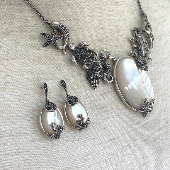 Sterling Silver 925 MOP Marcasite Sea Life Shell Panel Necklace & Earring Set - Picture 9 of 16